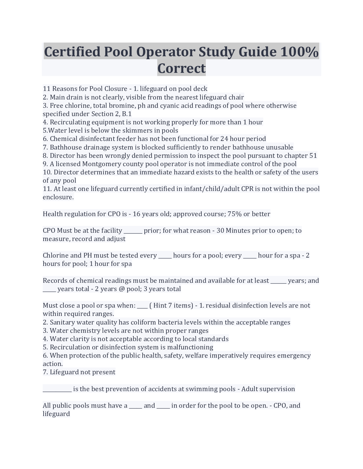 Preview of Certified Pool Operator Study Guide 100% Correct